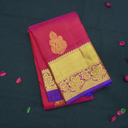 Tomato Red Kanchipuram Silk Saree with Gold Zari Butta and Blue Border - Vivaaha Silks & Sarees